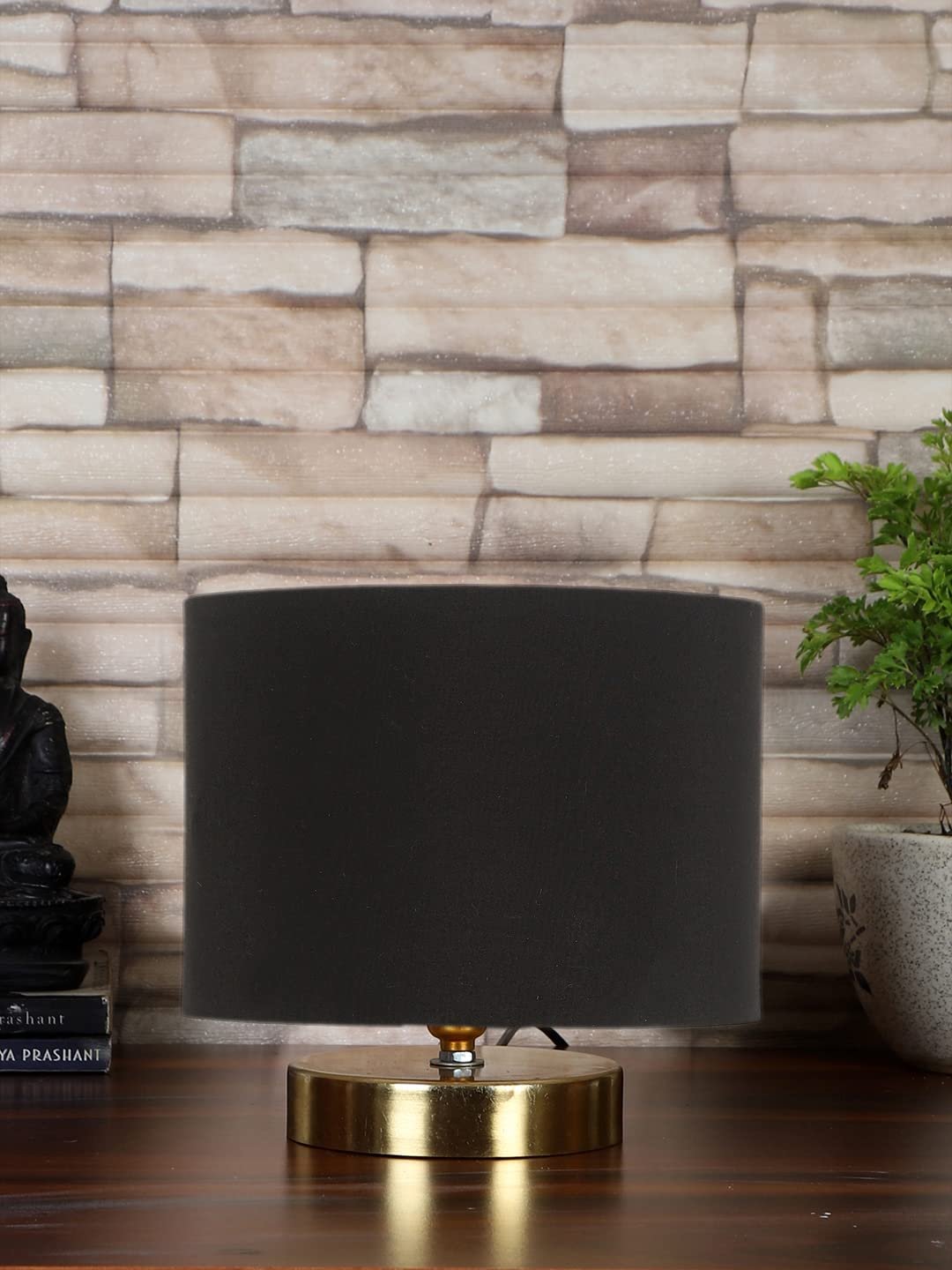 Black Cotton Table lamp with Gold Wood Base