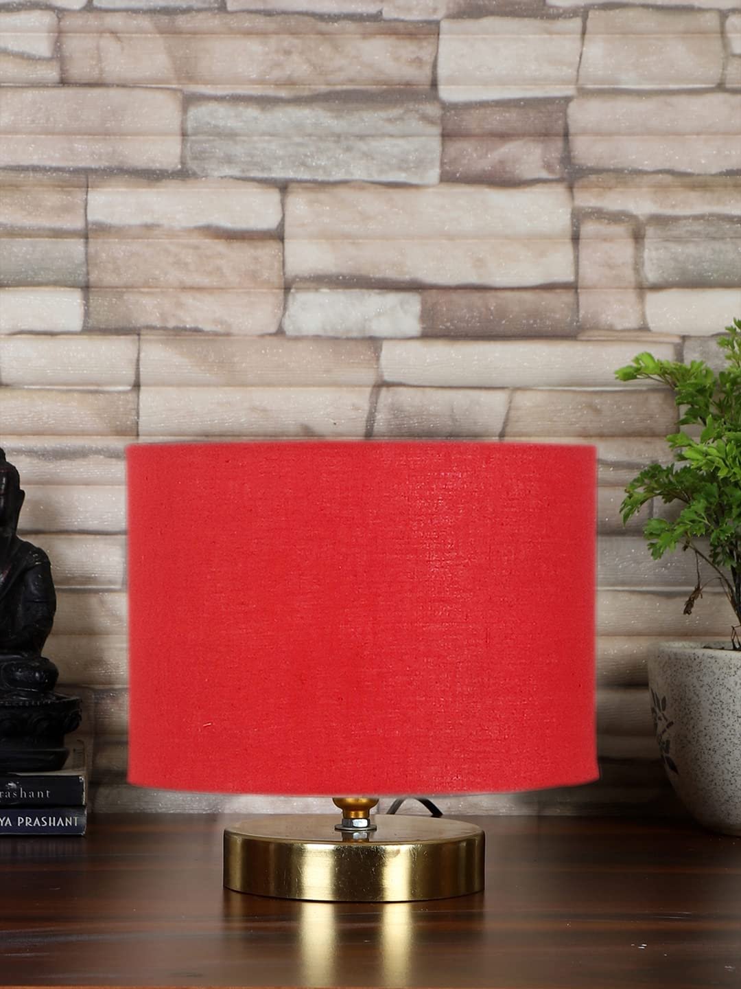 Red Cotton Table lamp with Gold Wood Base