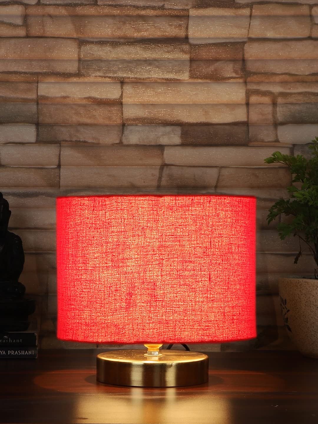 Red Cotton Table lamp with Gold Wood Base