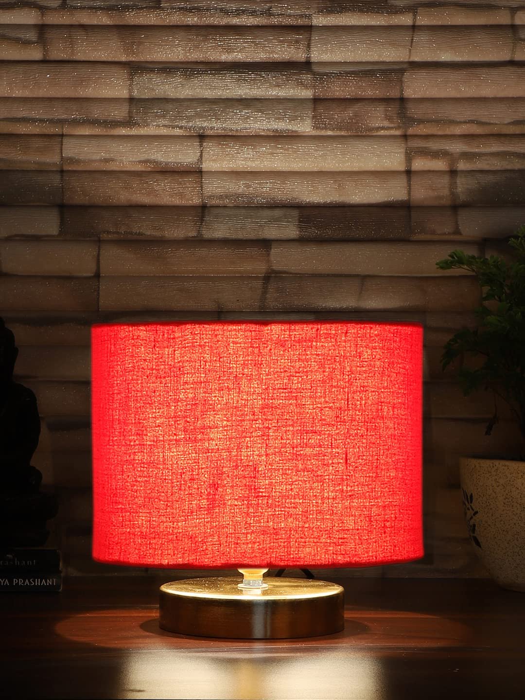 Red Cotton Table lamp with Gold Wood Base