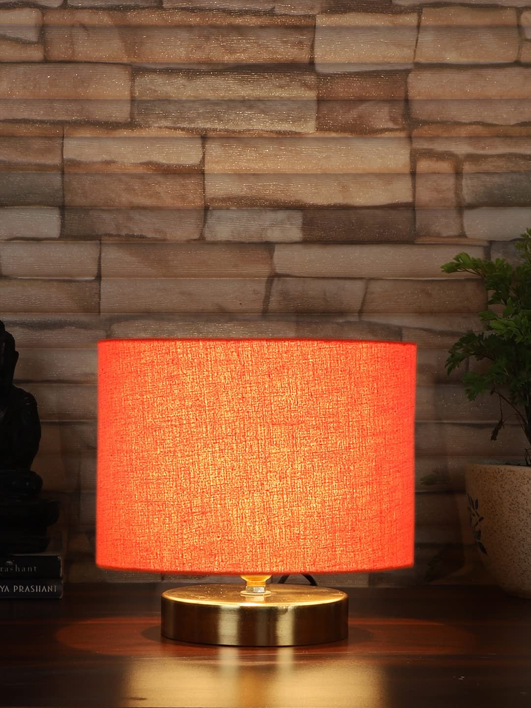 Orange Cotton Table lamp with Gold Wood Base