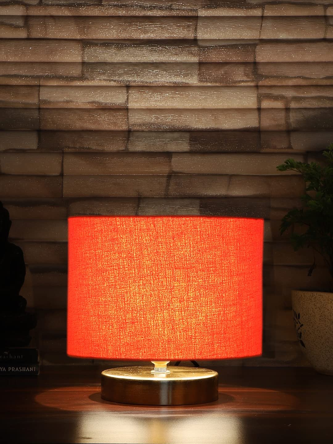 Orange Cotton Table lamp with Gold Wood Base