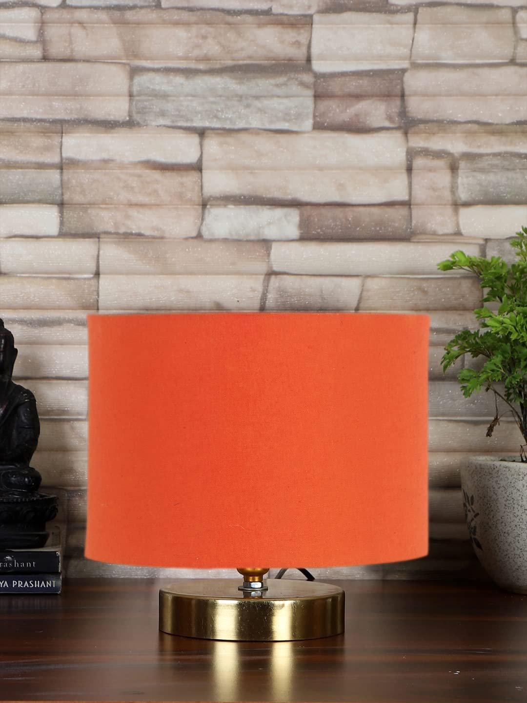 Orange Cotton Table lamp with Gold Wood Base