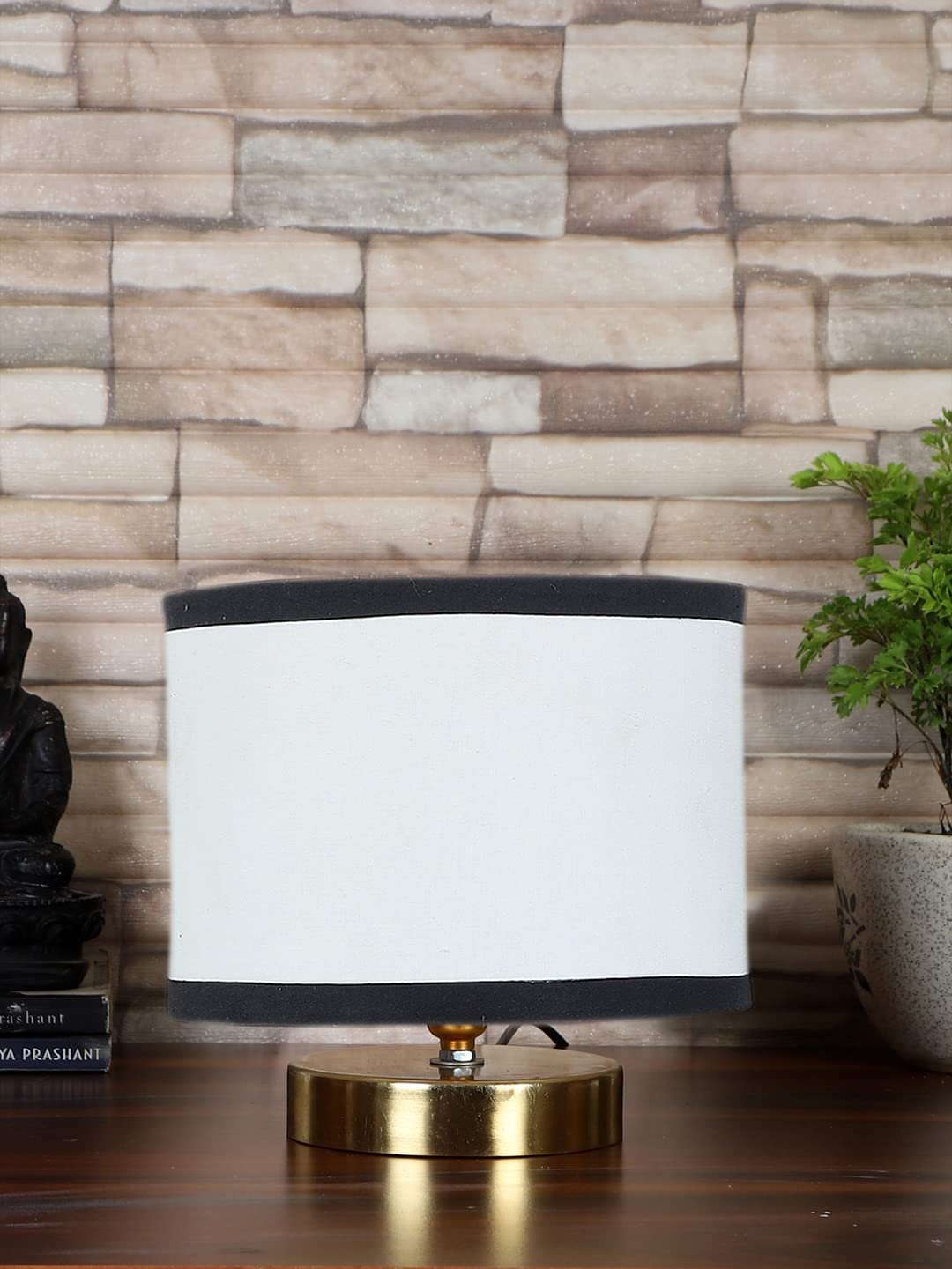 White & Black Cotton Table lamp with Gold Wood Base
