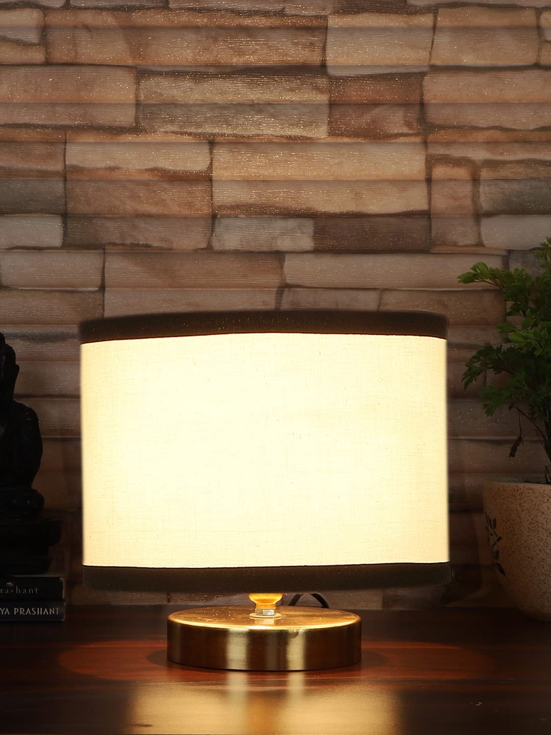 White & Black Cotton Table lamp with Gold Wood Base