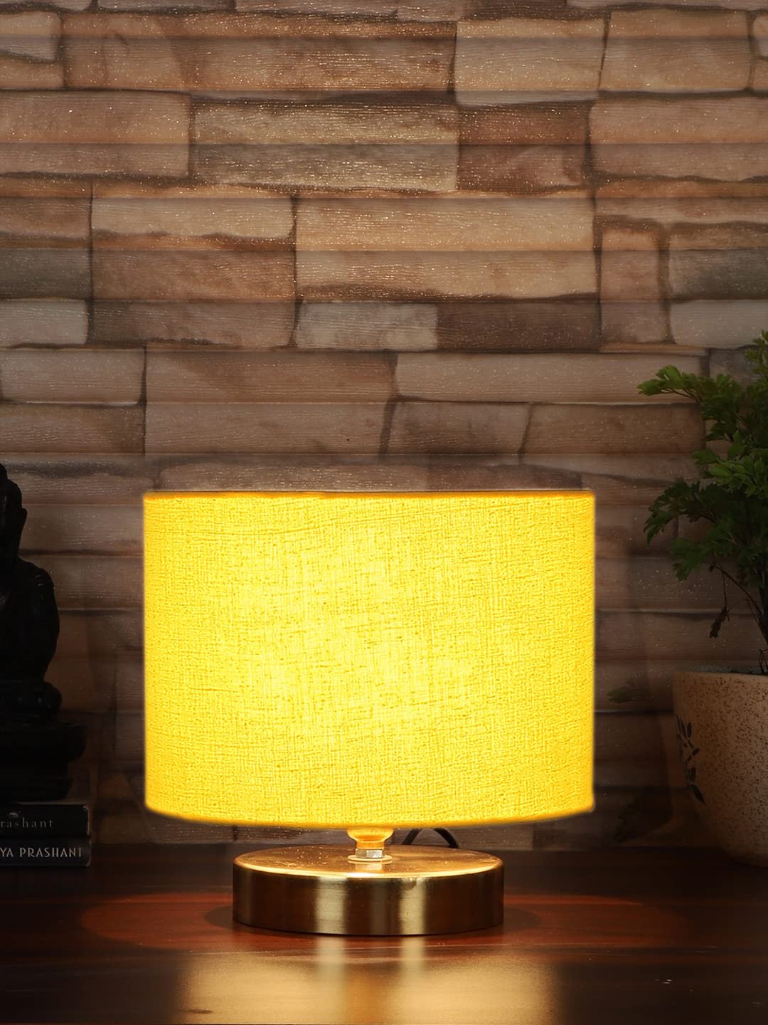 Beige Jute Table lamp with Gold Wood Base