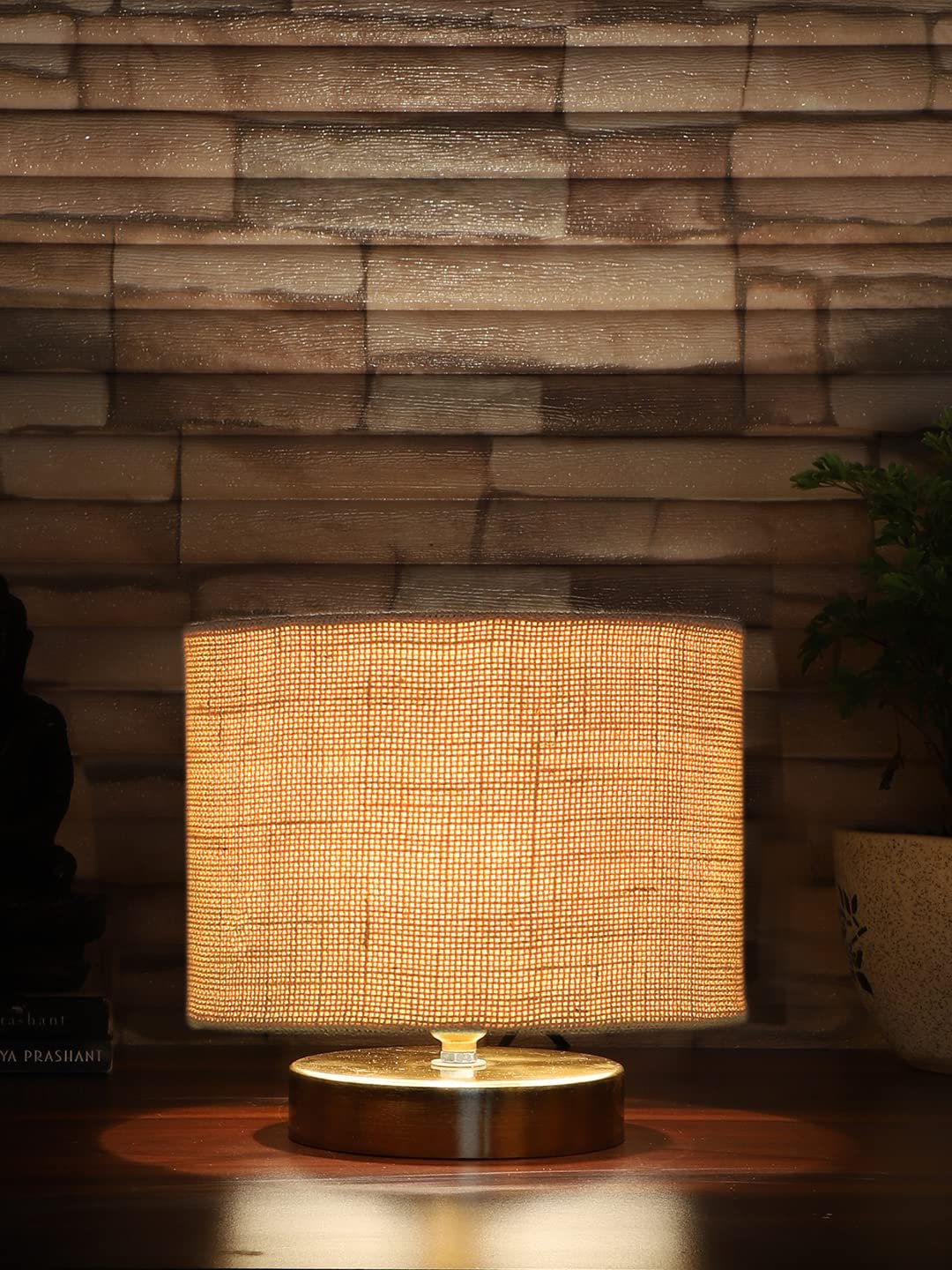 White Jute Table lamp with Gold Wood Base
