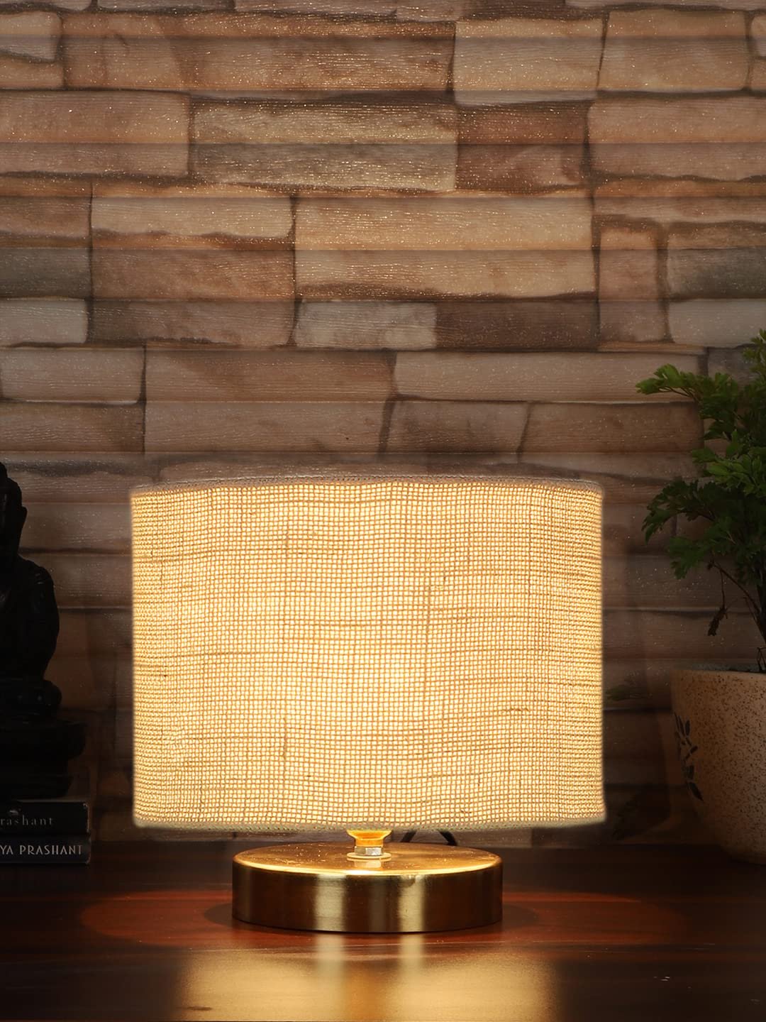 White Jute Table lamp with Gold Wood Base