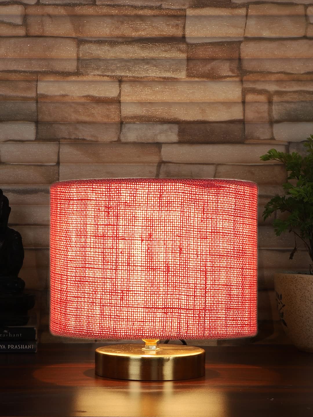 Pink Jute Table lamp with Gold Wood Base