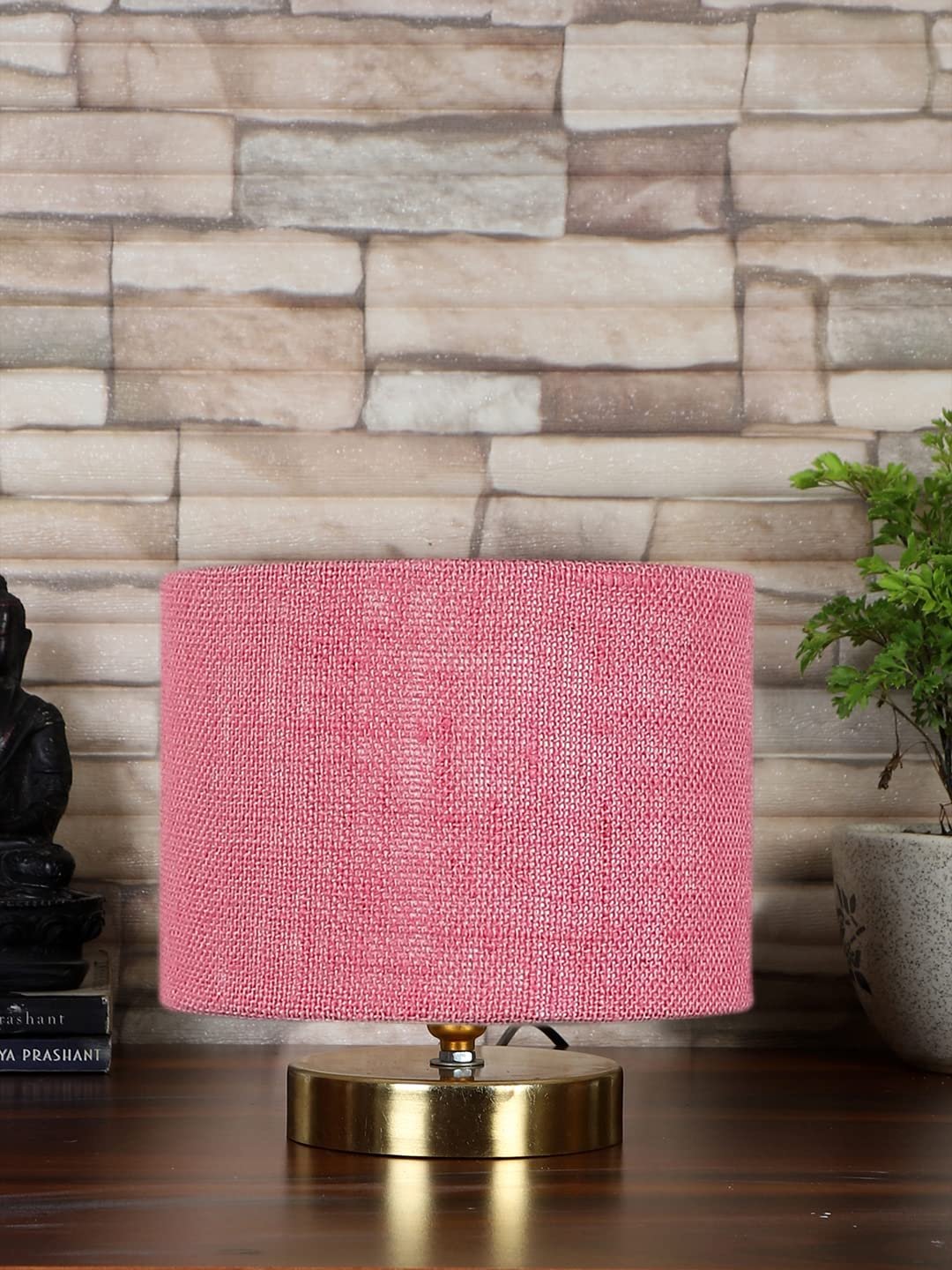 Pink Jute Table lamp with Gold Wood Base