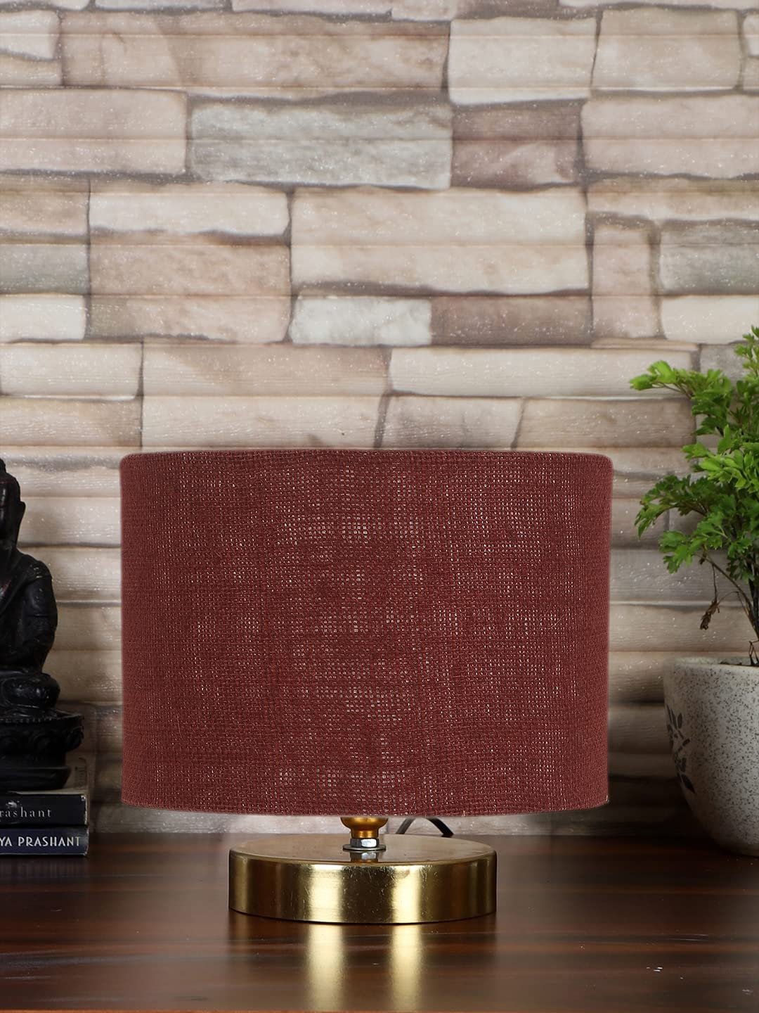 Maroon Jute Table lamp with Gold Wood Base