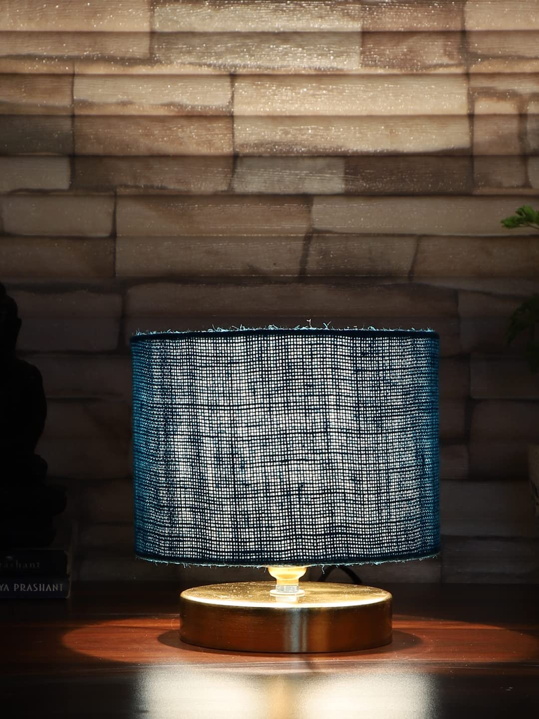 Turquoise Blue Jute lamp with Gold Wood Base
