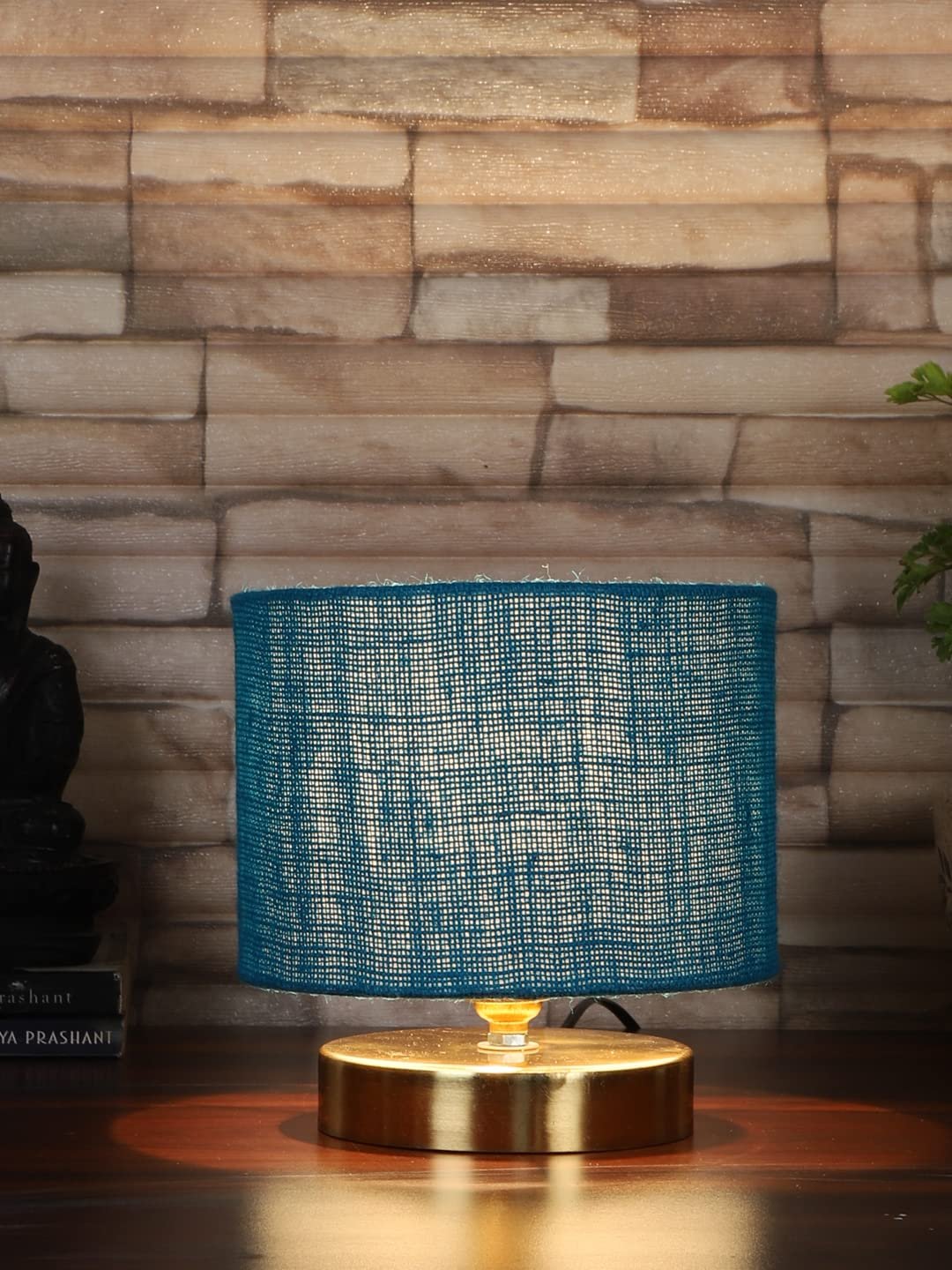 Turquoise Blue Jute lamp with Gold Wood Base