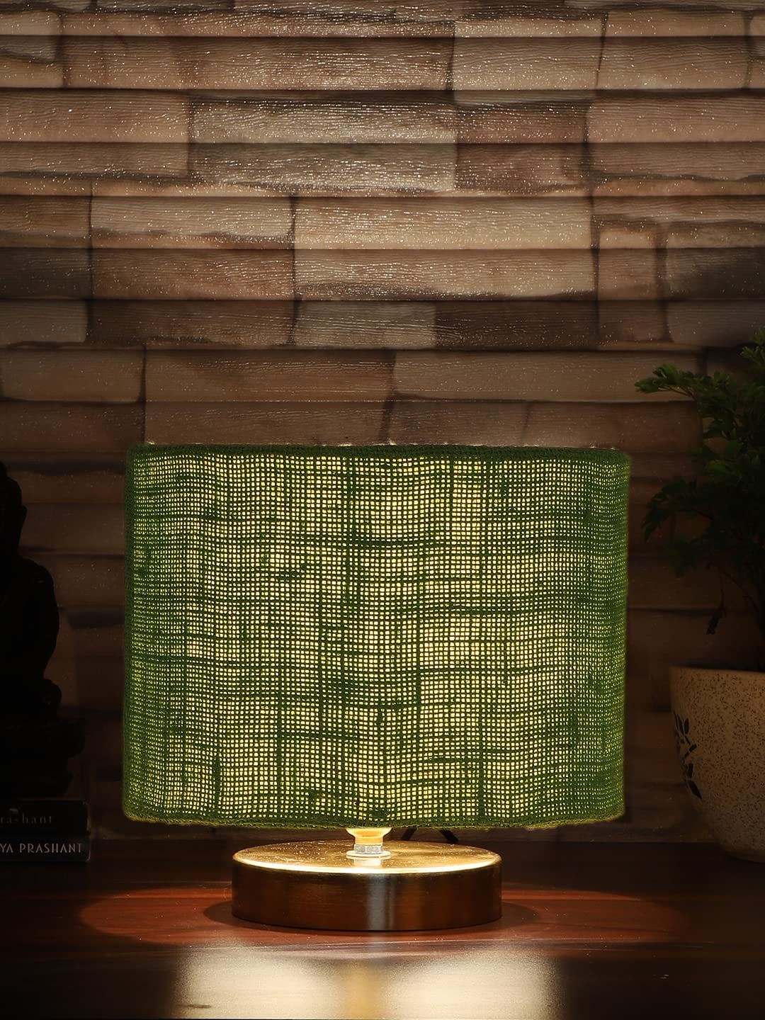 Green Jute Table Lamp with Gold Wood Base