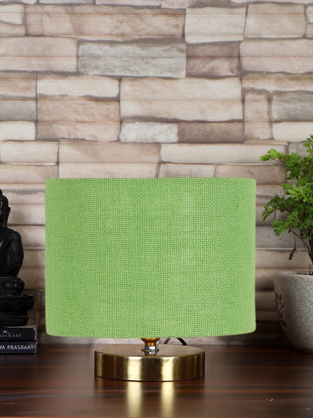 Green Jute Table Lamp with Gold Wood Base