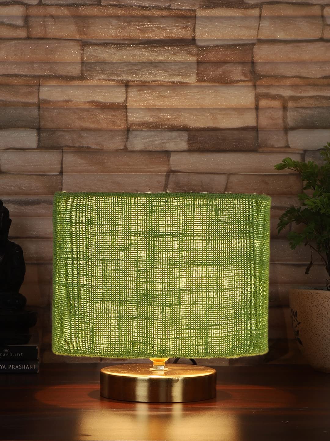 Green Jute Table Lamp with Gold Wood Base