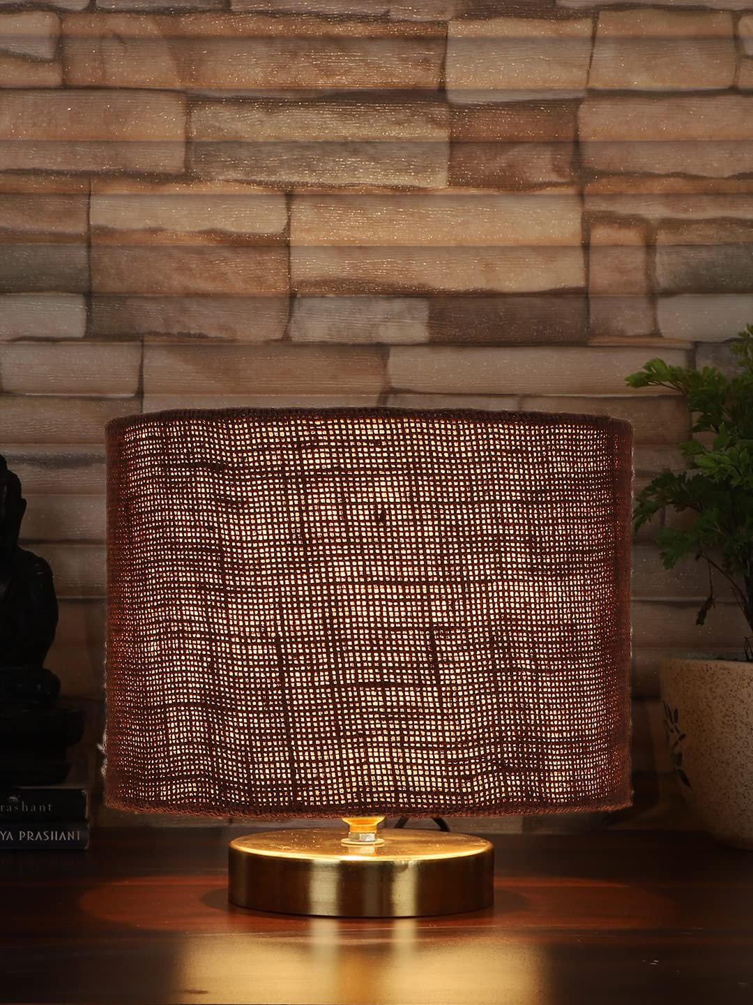 Gold Jute Table Lamp with Gold Wood Base