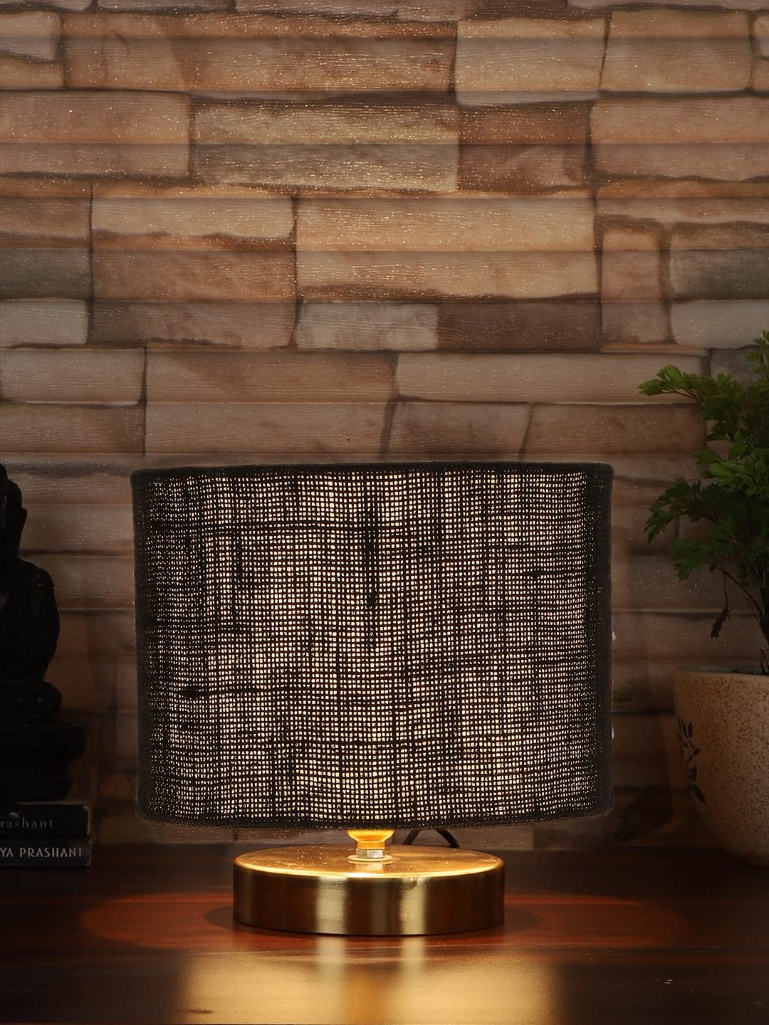 Black Jute Table Lamp with Gold Wood Base