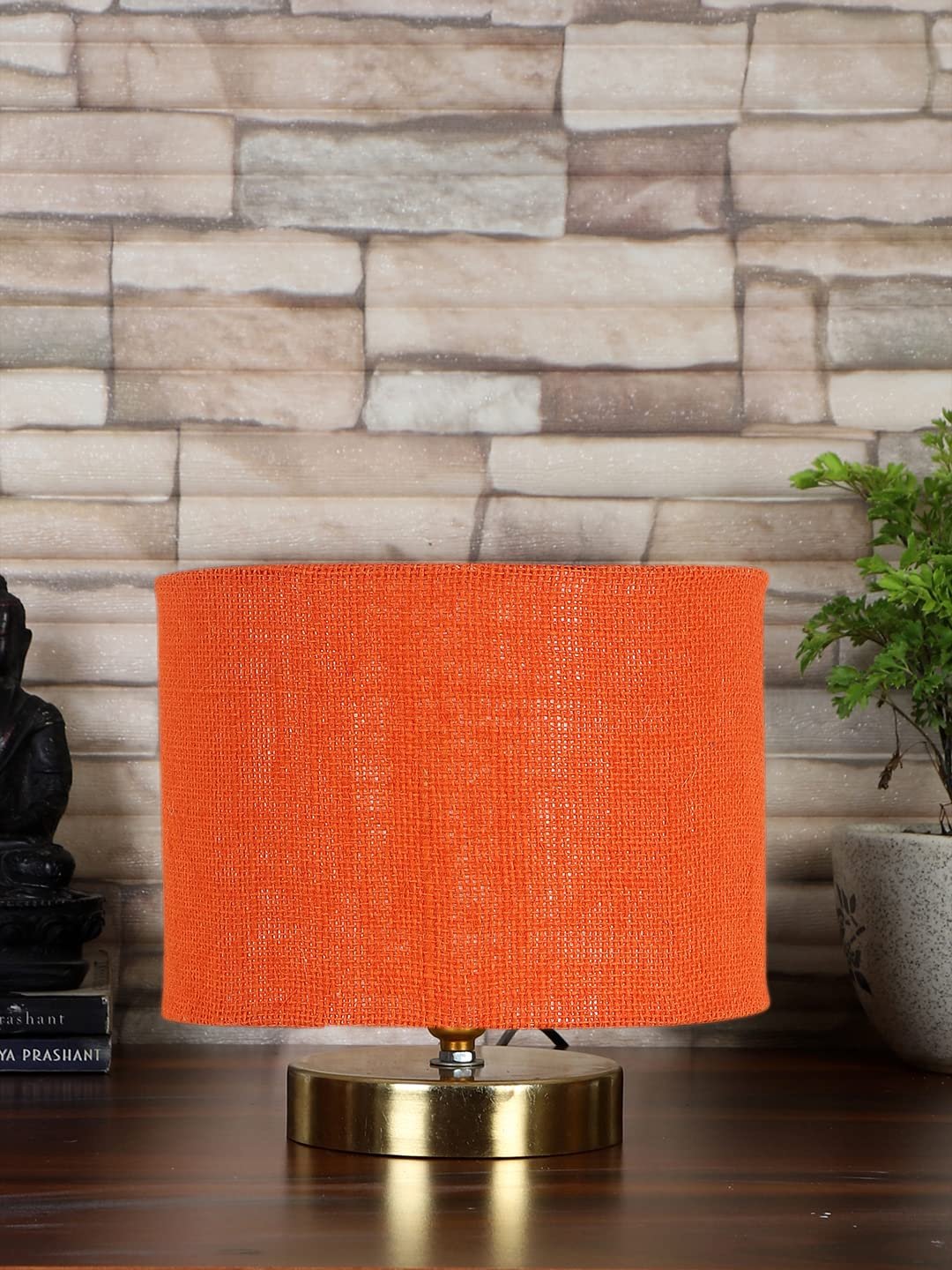 Orange Jute Table Lamp with Gold Wood Base