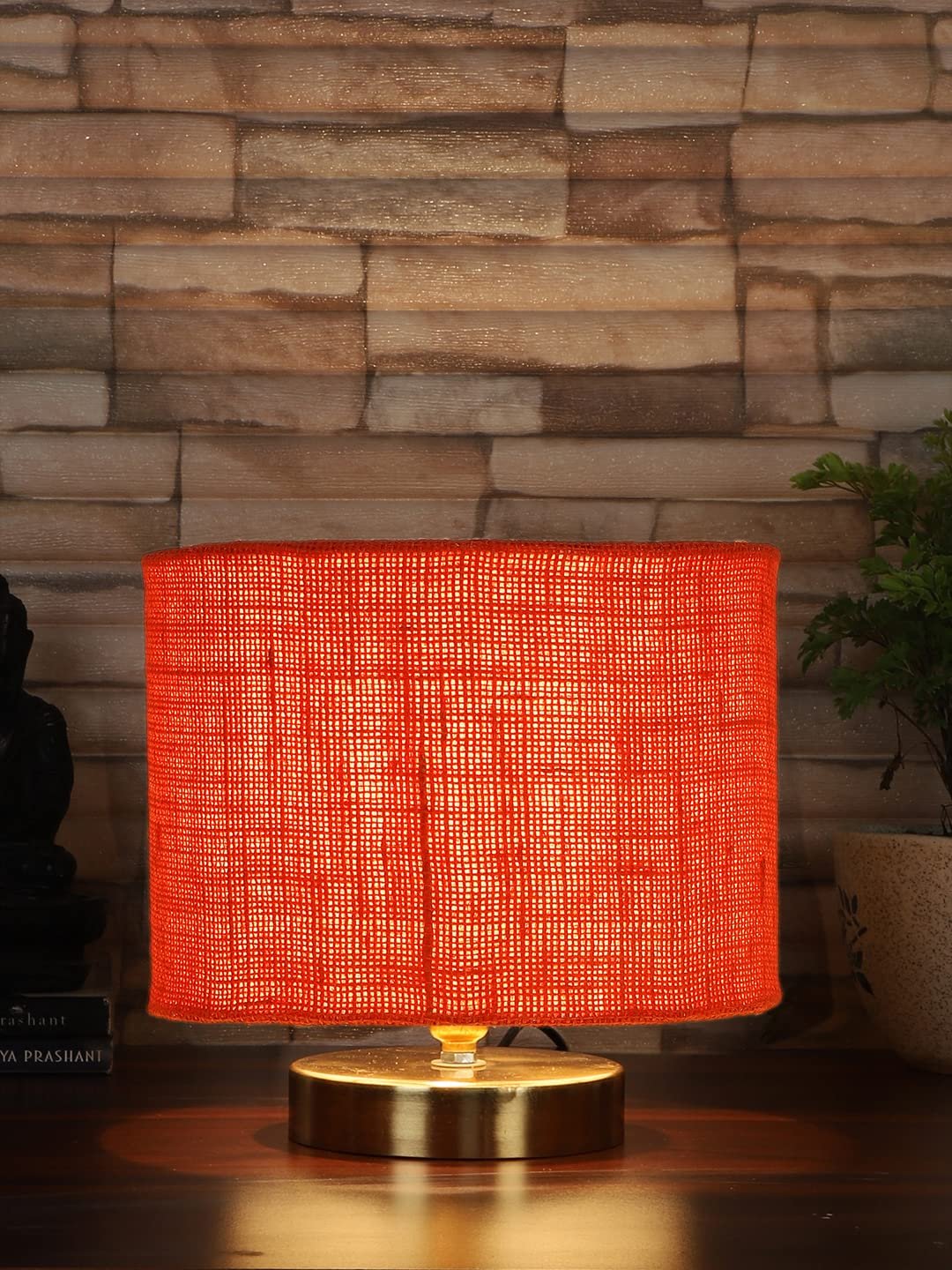 Orange Jute Table Lamp with Gold Wood Base
