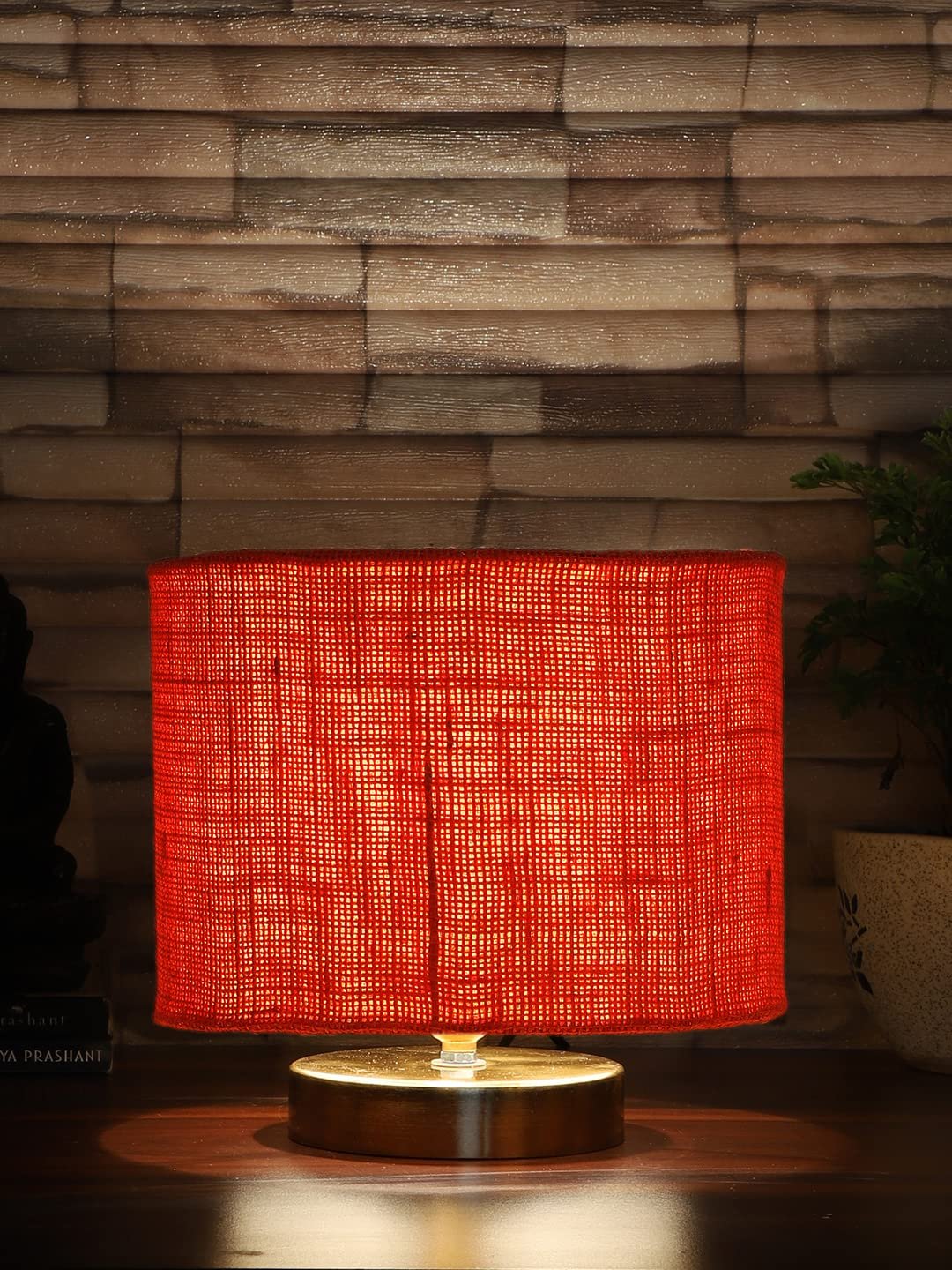 Orange Jute Table Lamp with Gold Wood Base