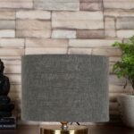 Grey Jute Table Lamp with Gold Wood Base