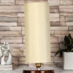 Off-White Cotton Table lamp with Brown Wood Base