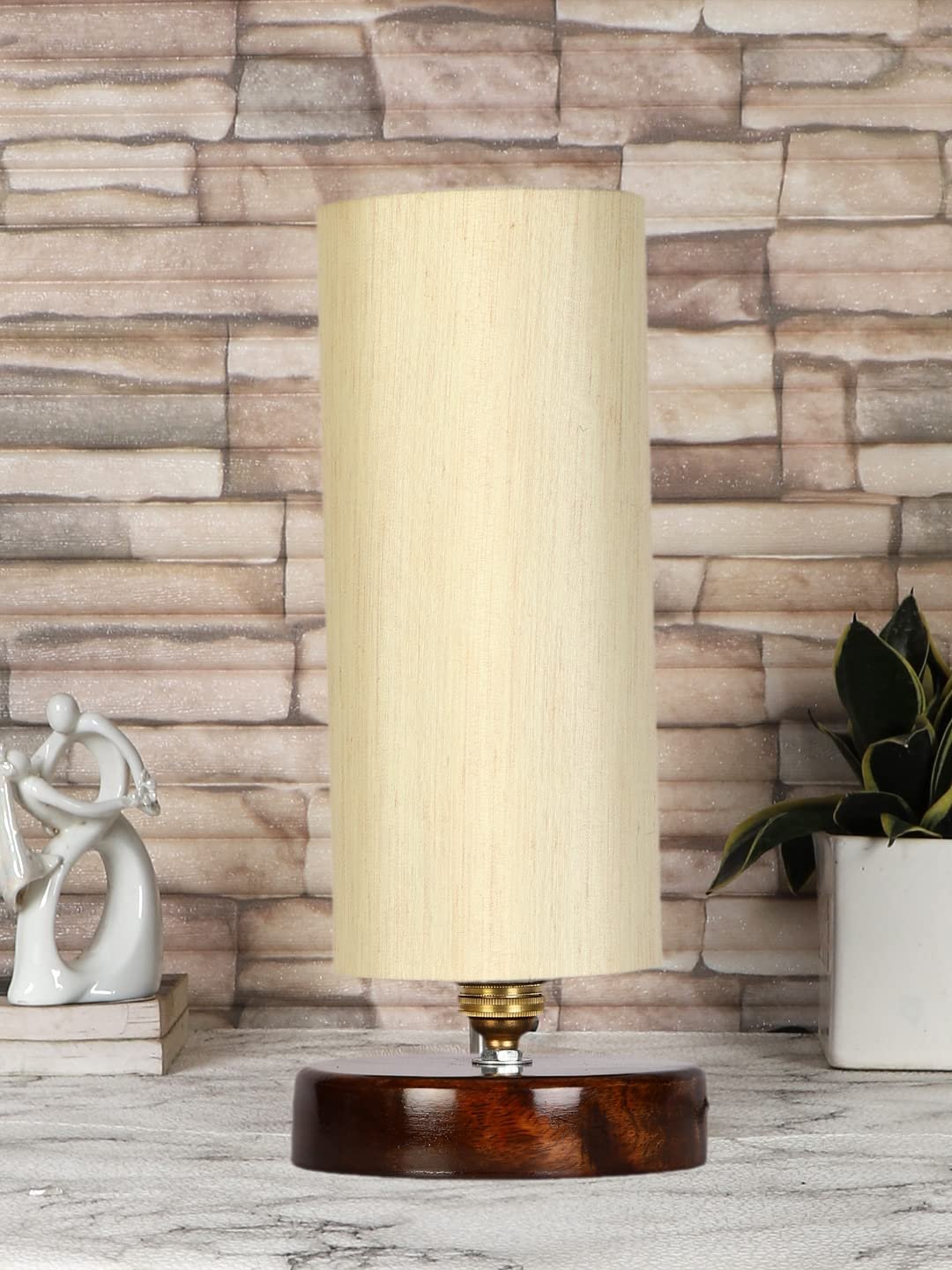 Off-White Cotton Table lamp with Brown Wood Base