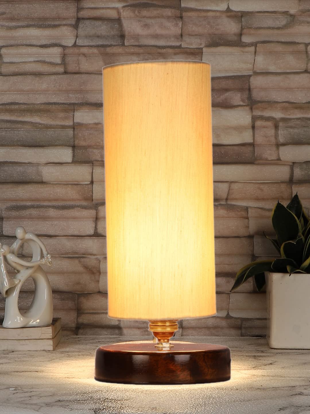 Off-White Cotton Table lamp with Brown Wood Base