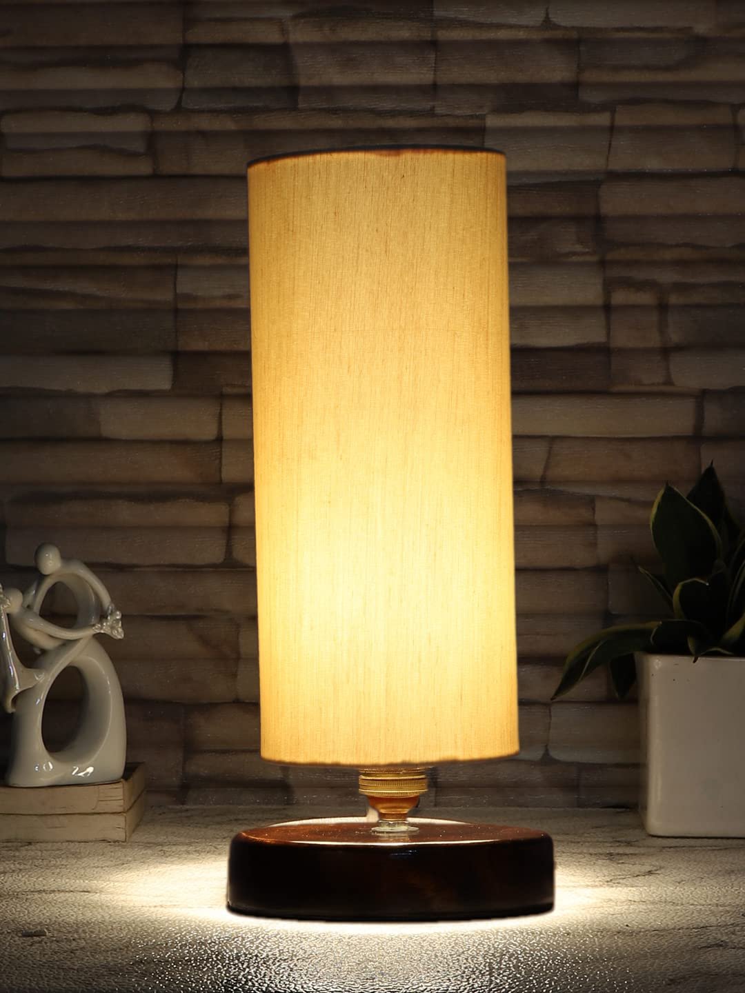 Off-White Cotton Table lamp with Brown Wood Base