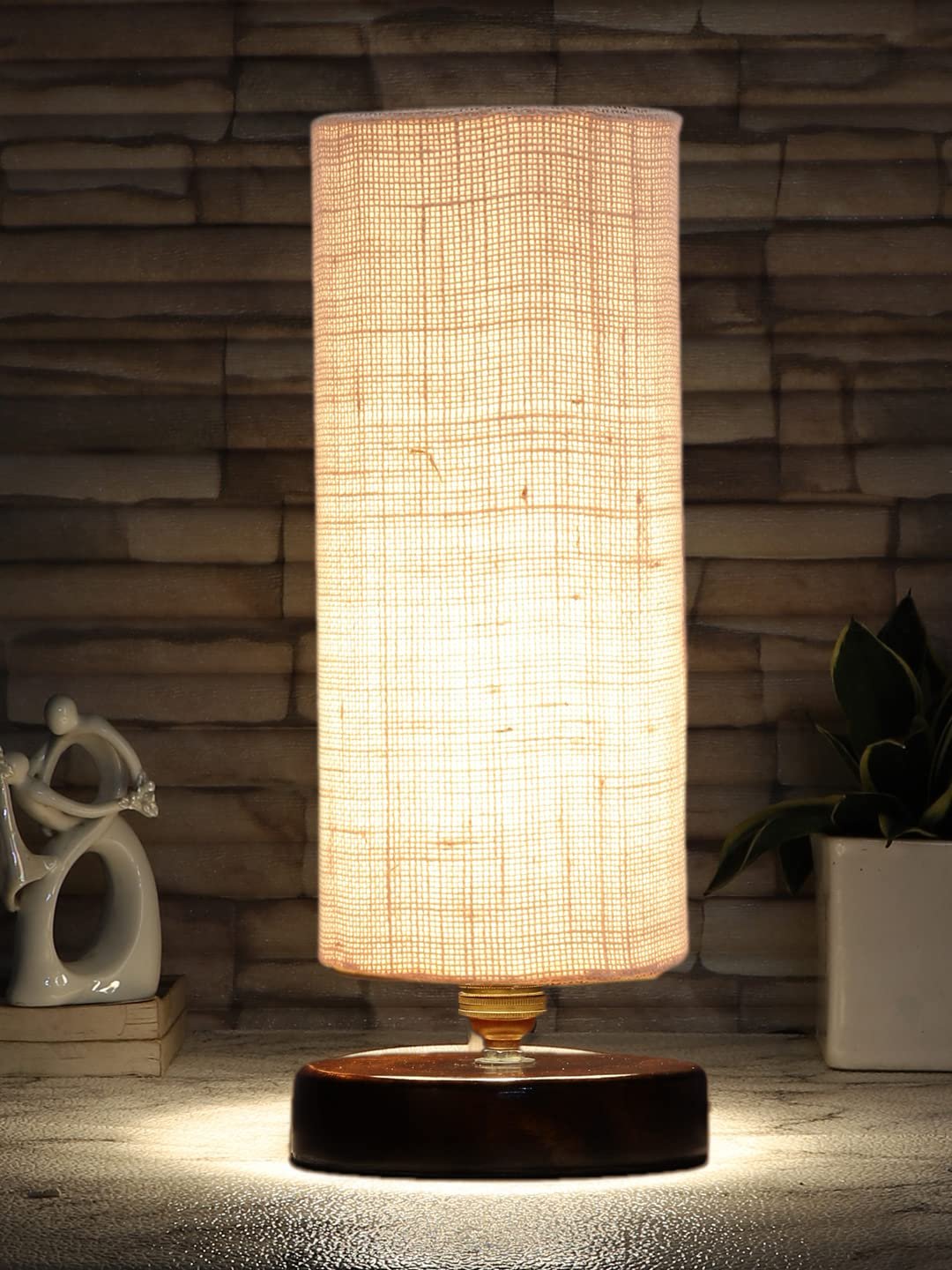 White Jute Table lamp with Brown Wood Base