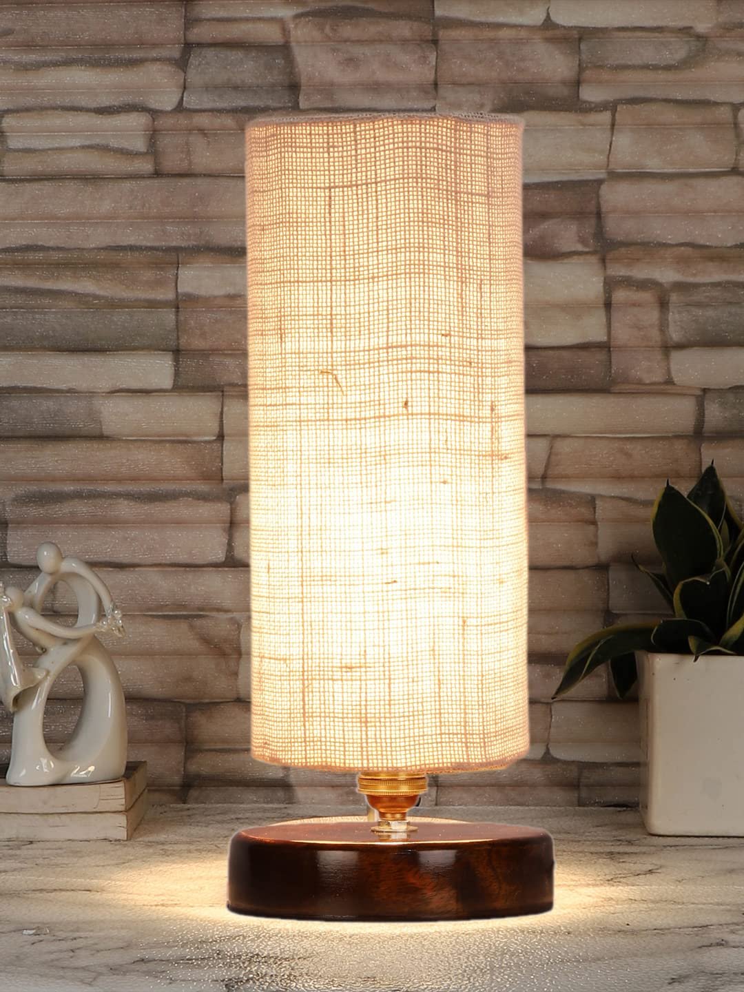 White Jute Table lamp with Brown Wood Base