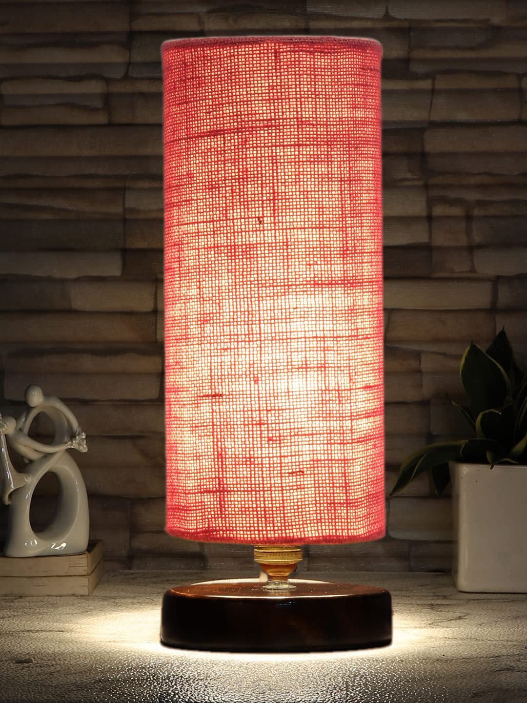 Pink Jute Table lamp with Brown Wood Base