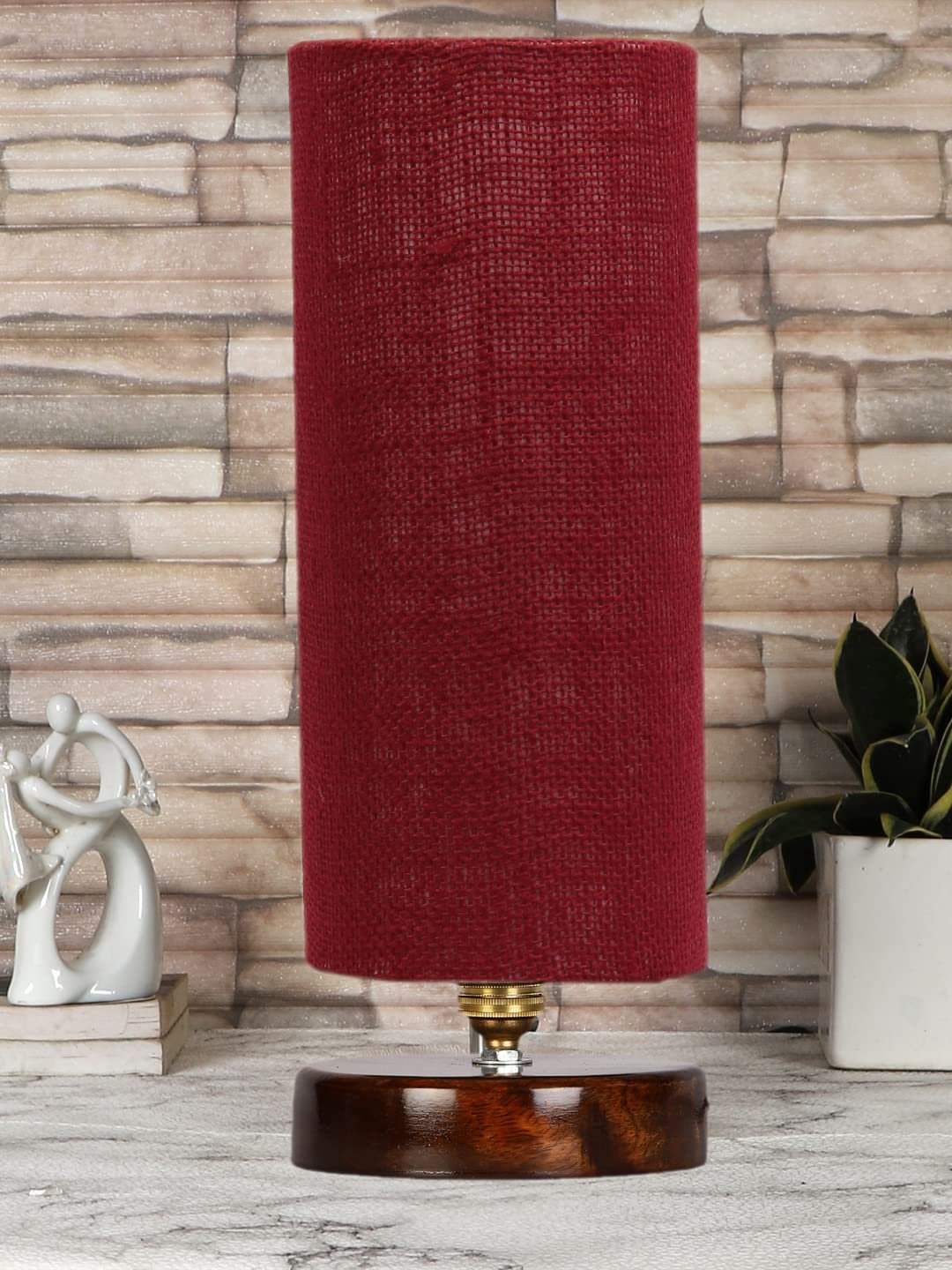 Maroon Jute Table lamp with Brown Wood Base