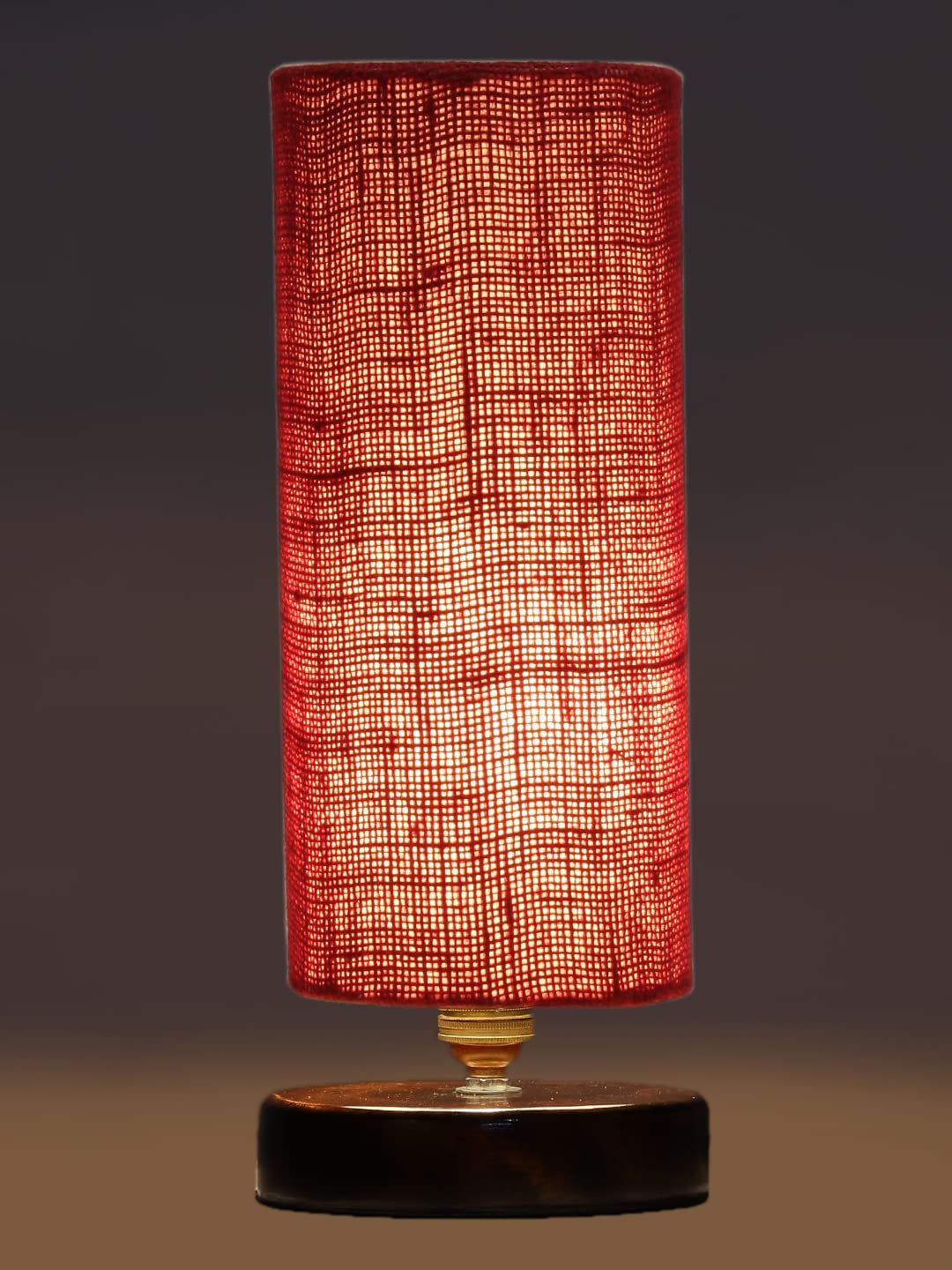 Maroon Jute Table lamp with Brown Wood Base