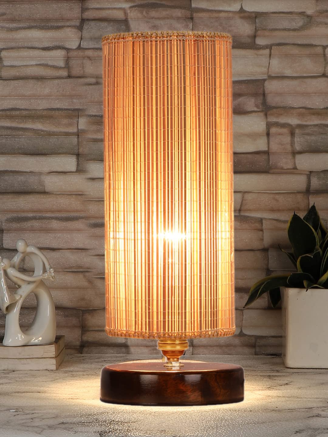 Round Bamboo Table lamp with Brown Wood Base