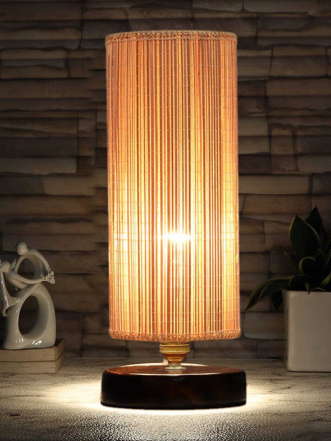 Round Bamboo Table lamp with Brown Wood Base