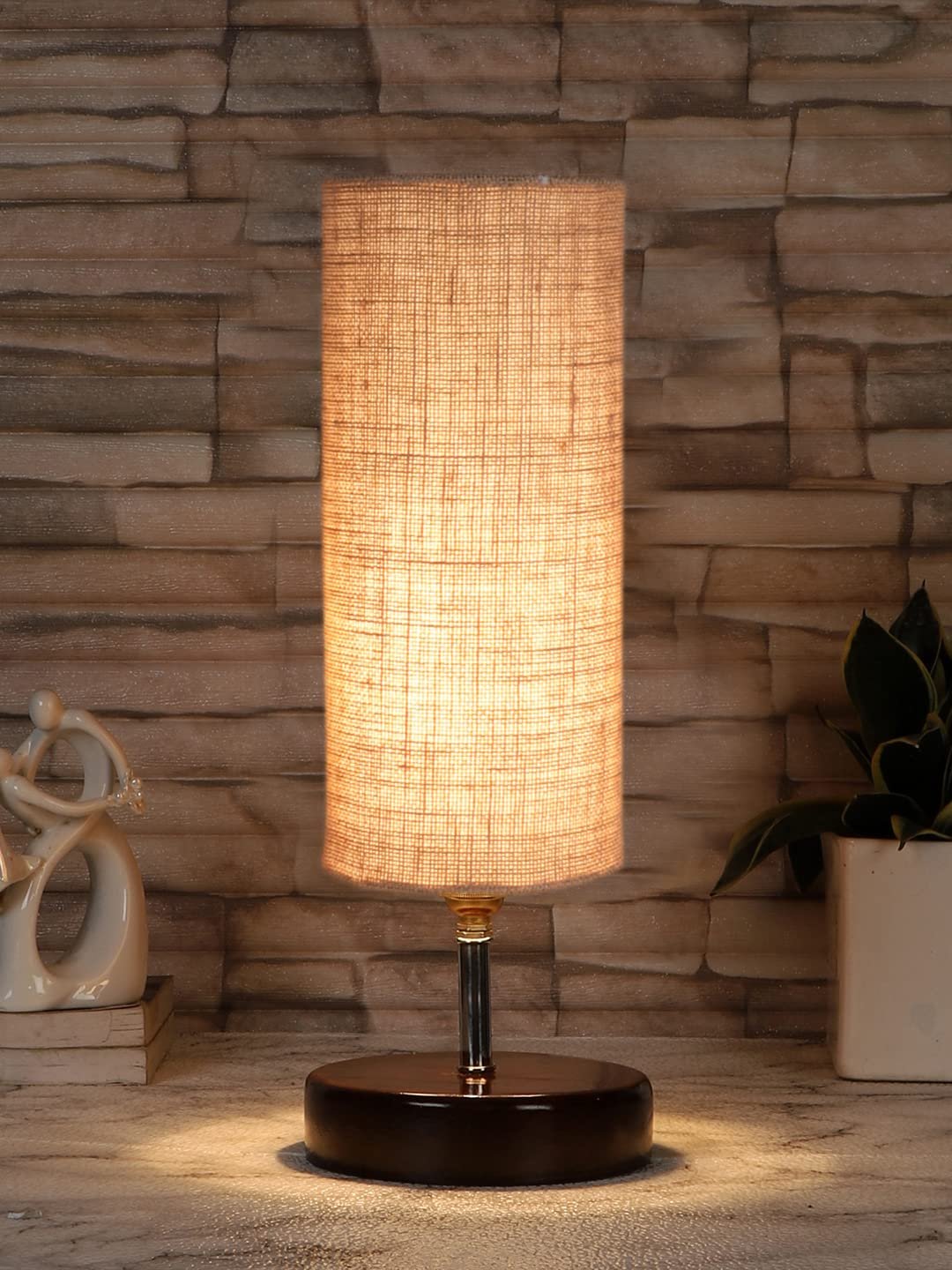 Beige Jute Table lamp with Brown Wood Base(YK69)