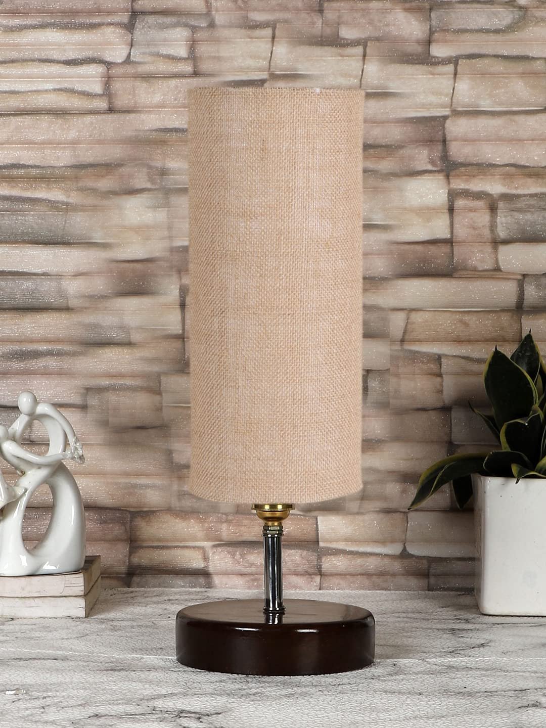Beige Jute Table lamp with Brown Wood Base(YK69)