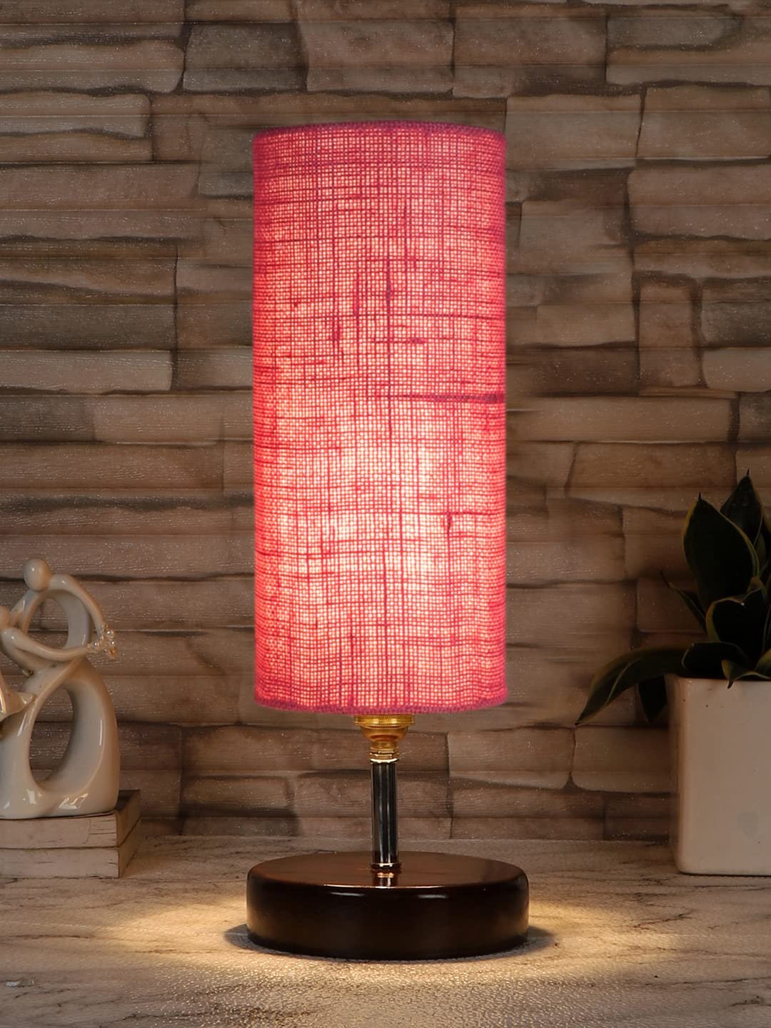 Pink Jute Table lamp with Brown Wood Base(YK72)