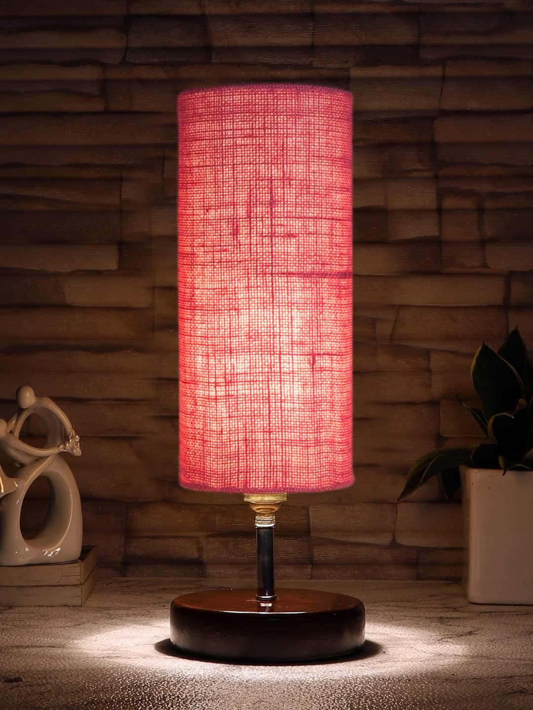Pink Jute Table lamp with Brown Wood Base(YK72)