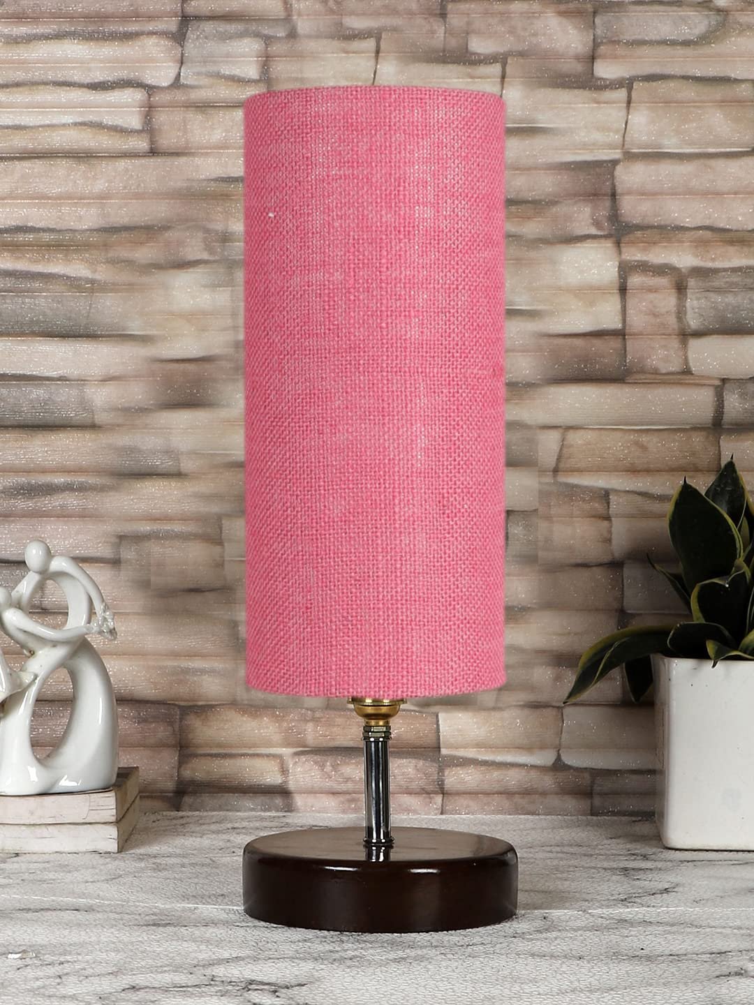 Pink Jute Table lamp with Brown Wood Base(YK72)