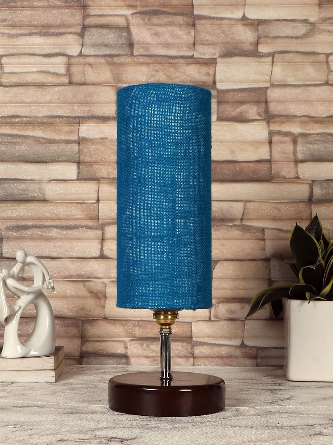 Turquoise Jute lamp with Brown Wood Base(YK76)