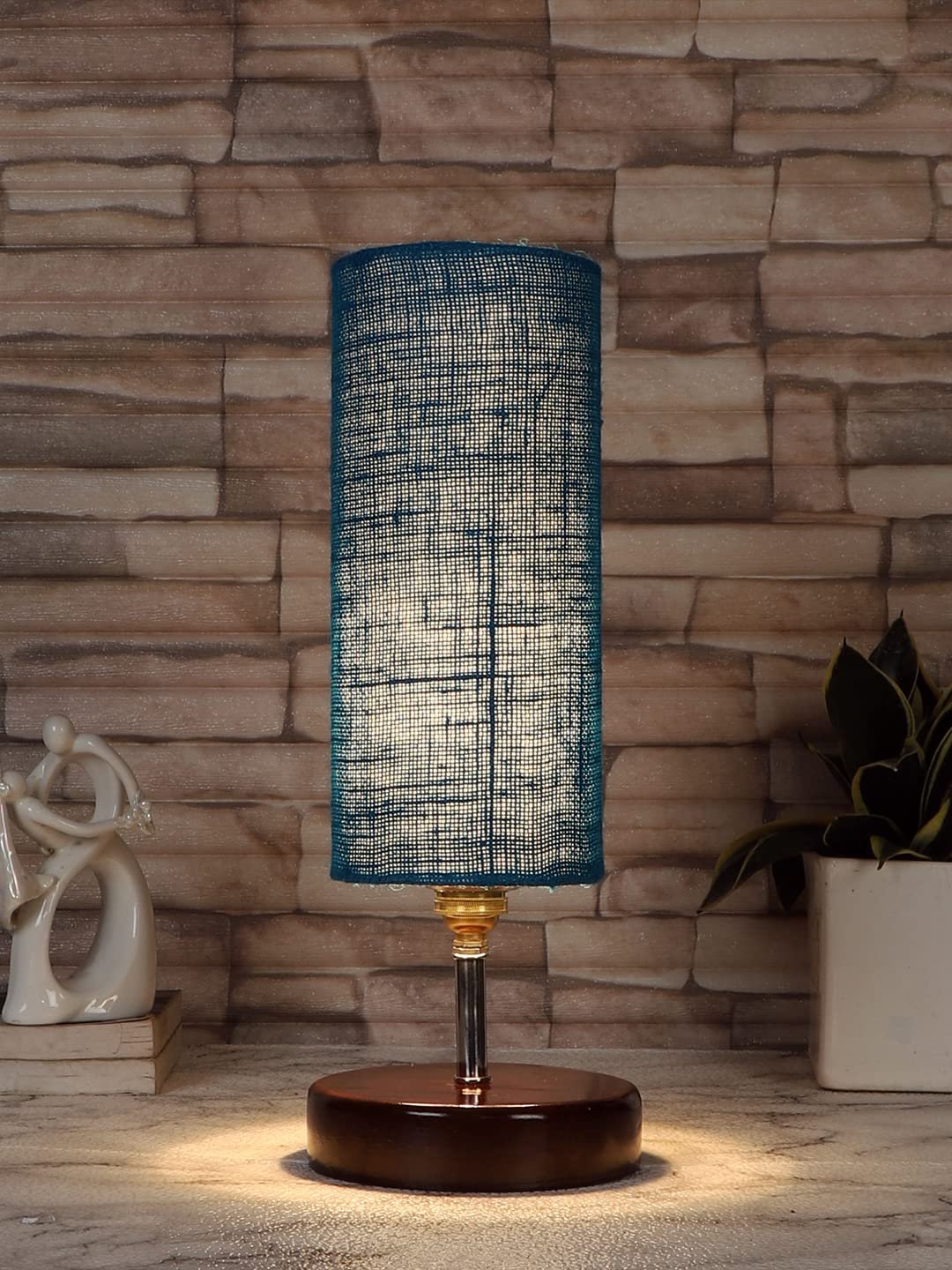 Turquoise Jute lamp with Brown Wood Base(YK76)