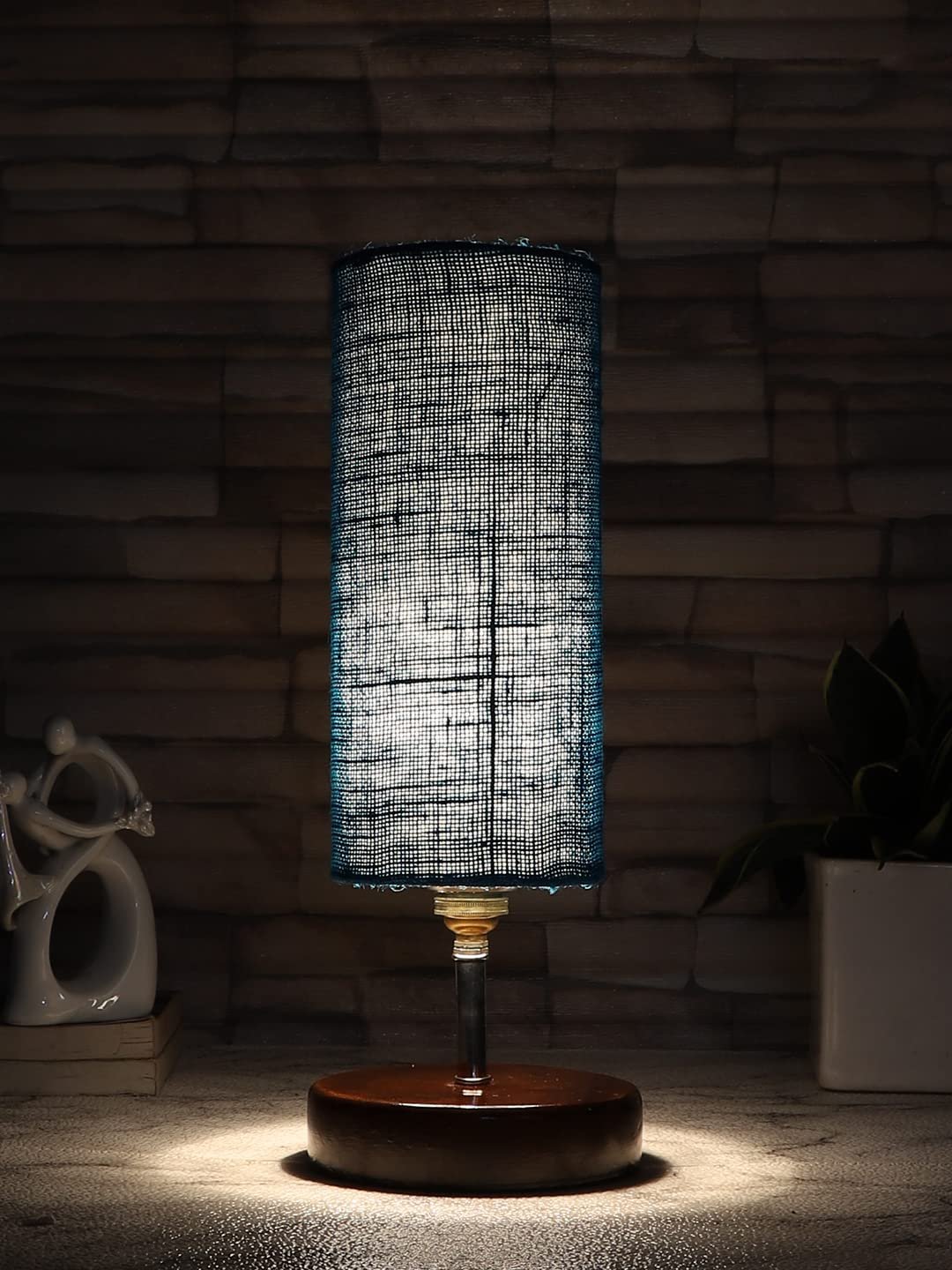 Turquoise Jute lamp with Brown Wood Base(YK76)