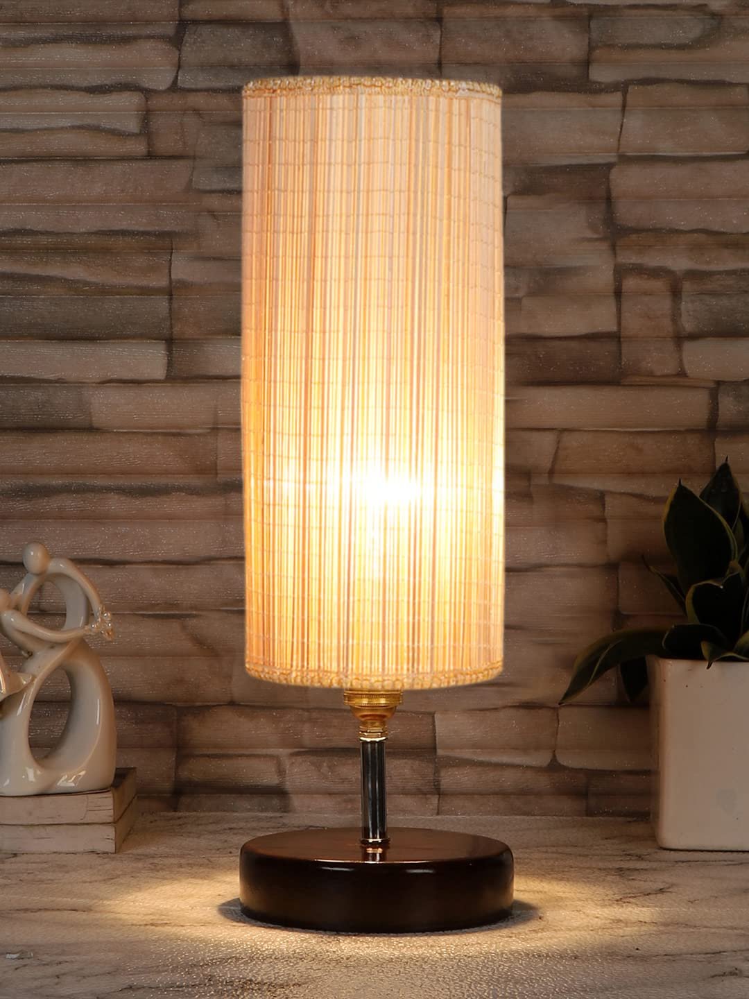 Round Bamboo Table lamp with Brown Wood Base(YK78)