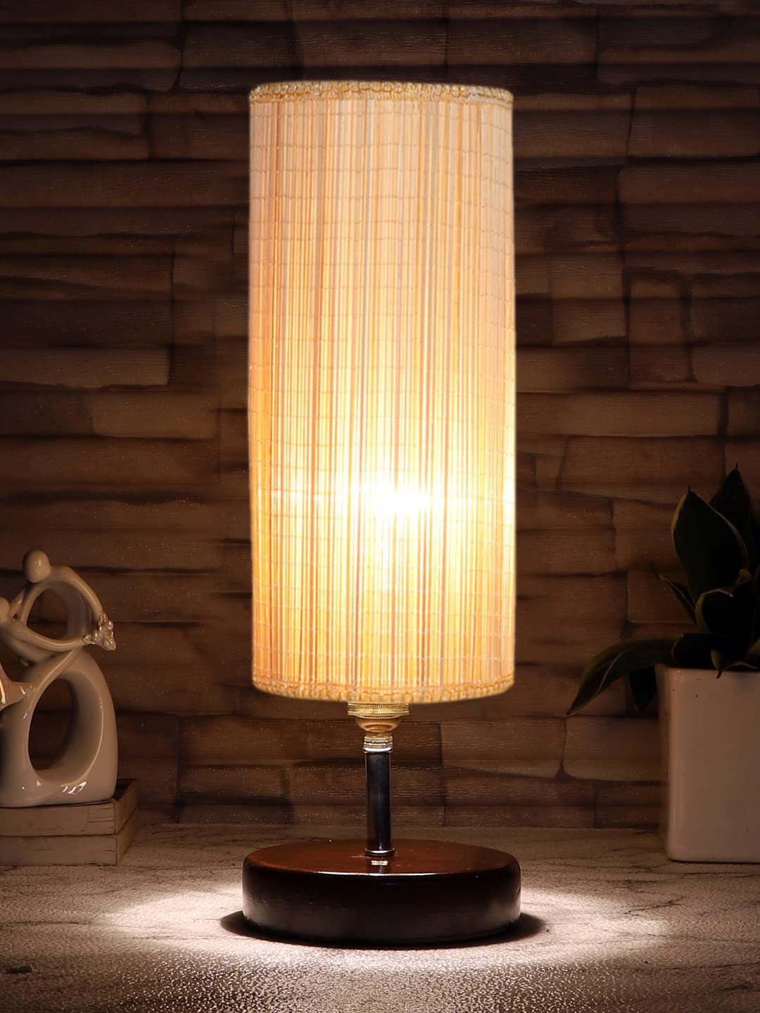 Round Bamboo Table lamp with Brown Wood Base(YK78)