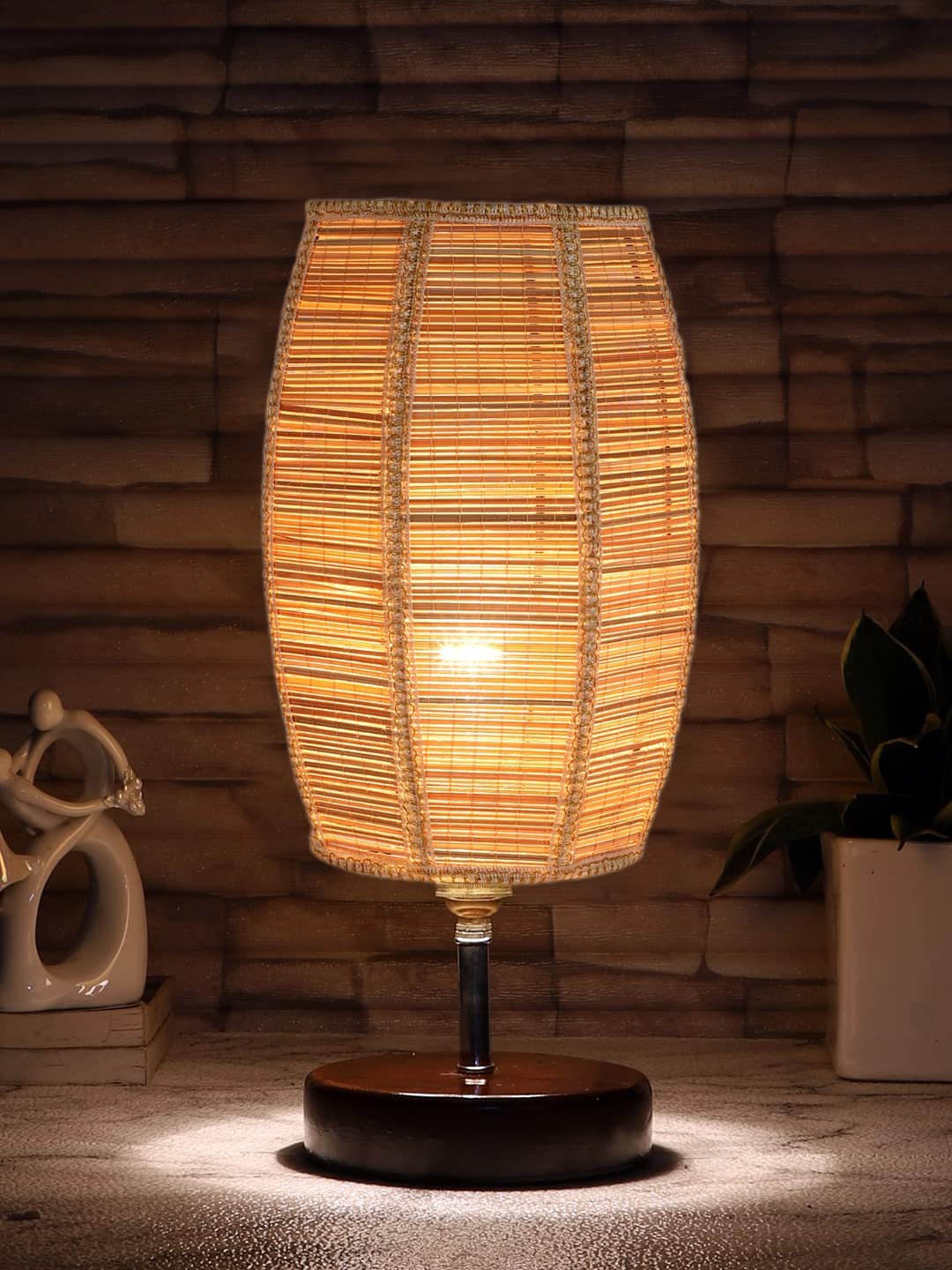 Dholak Bamboo Table lamp with Brown Wood Base(YK79)