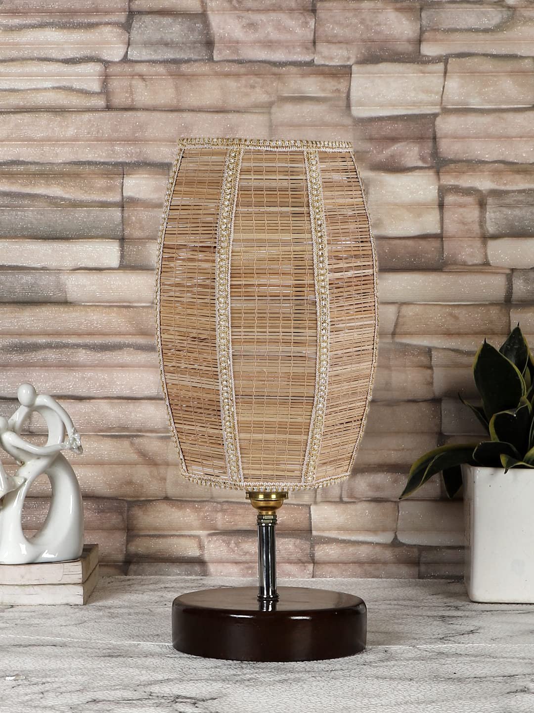 Dholak Bamboo Table lamp with Brown Wood Base(YK79)