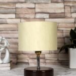 Off-White Cotton Table lamp with Brown Wood Base (YK81)